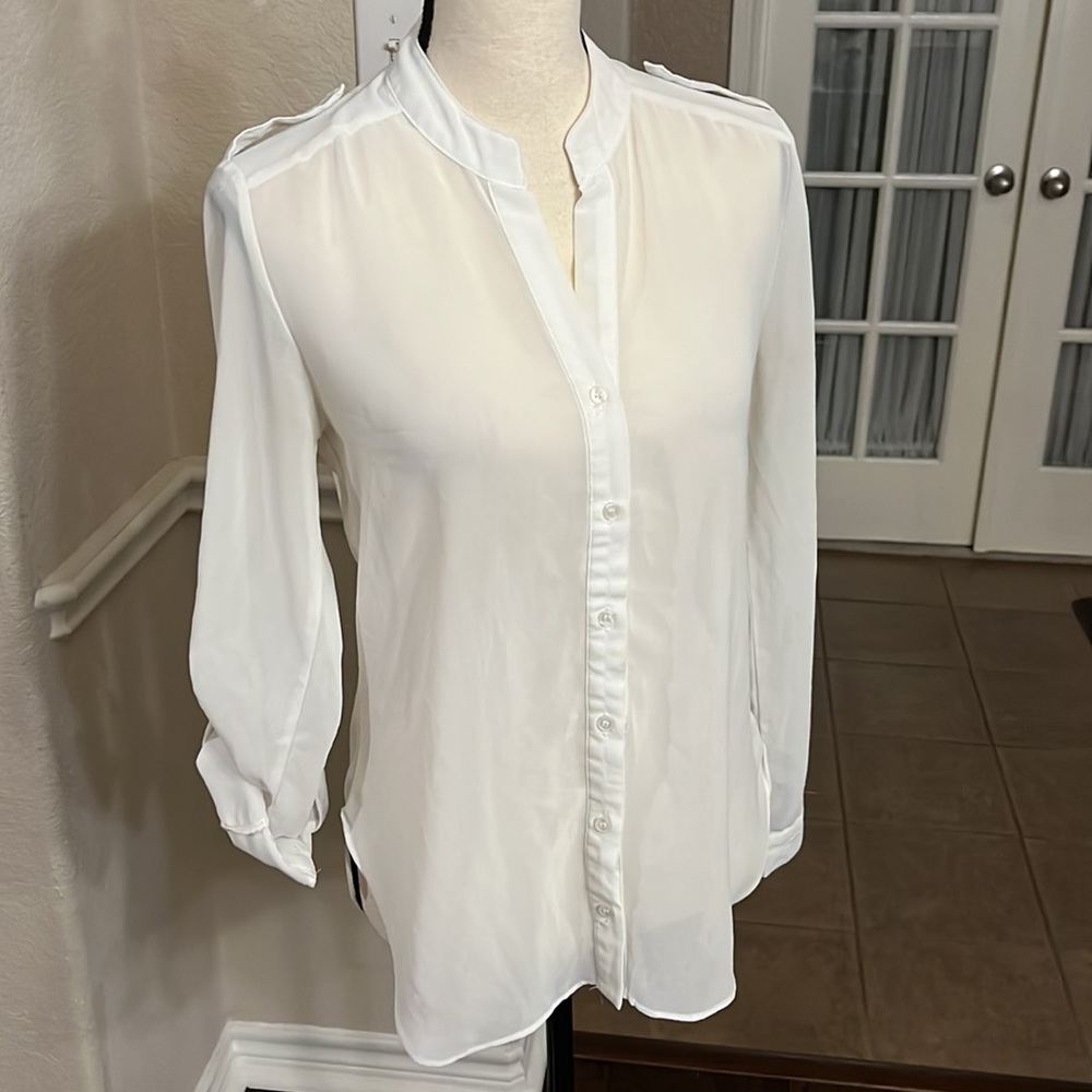 Lime blue cream sheer button down top shirt blouse Size S